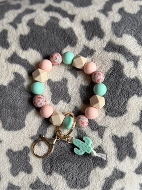 Mint & Pink Beaded Key Ring Wristlet with Cactus Charm